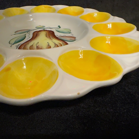 Vintage Deviled Egg Platter Hand Painted with Fruit Center Bright Yellow - Picture 6 of 6